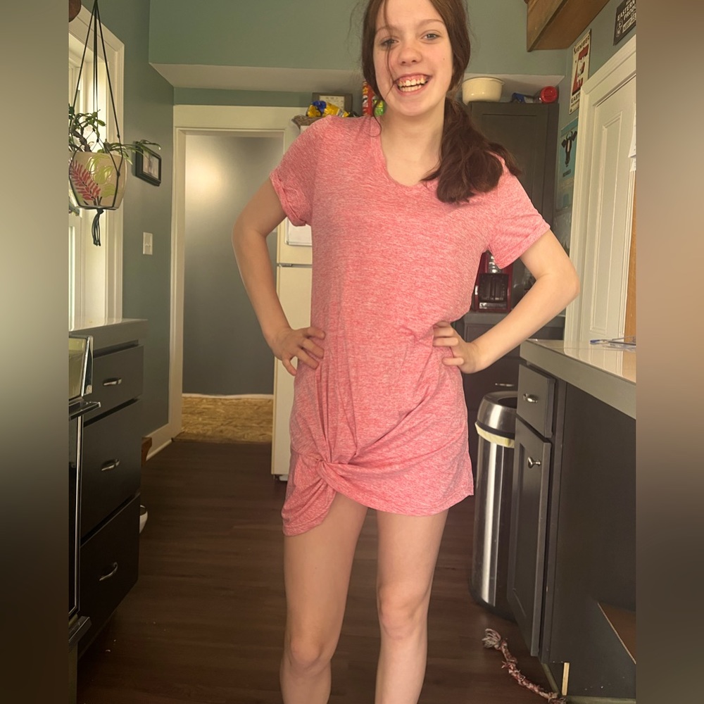 Size small pink shirt but definitely more of a large ware. Shirt is new, no tags